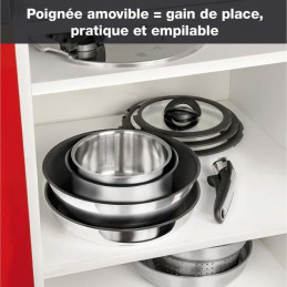 Seb L953S804 Compact Batterie De Cuisine 8 Pieces Inox, Poeles, Casseroles, Couvercles, Poignée Amovible, Tous Feux Dont Inducti