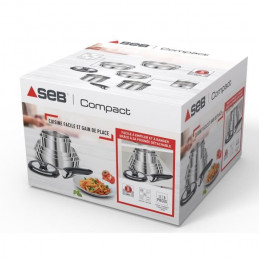 Seb L953S804 Compact Batterie De Cuisine 8 Pieces Inox, Poeles, Casseroles, Couvercles, Poignée Amovible, Tous Feux Dont Inducti