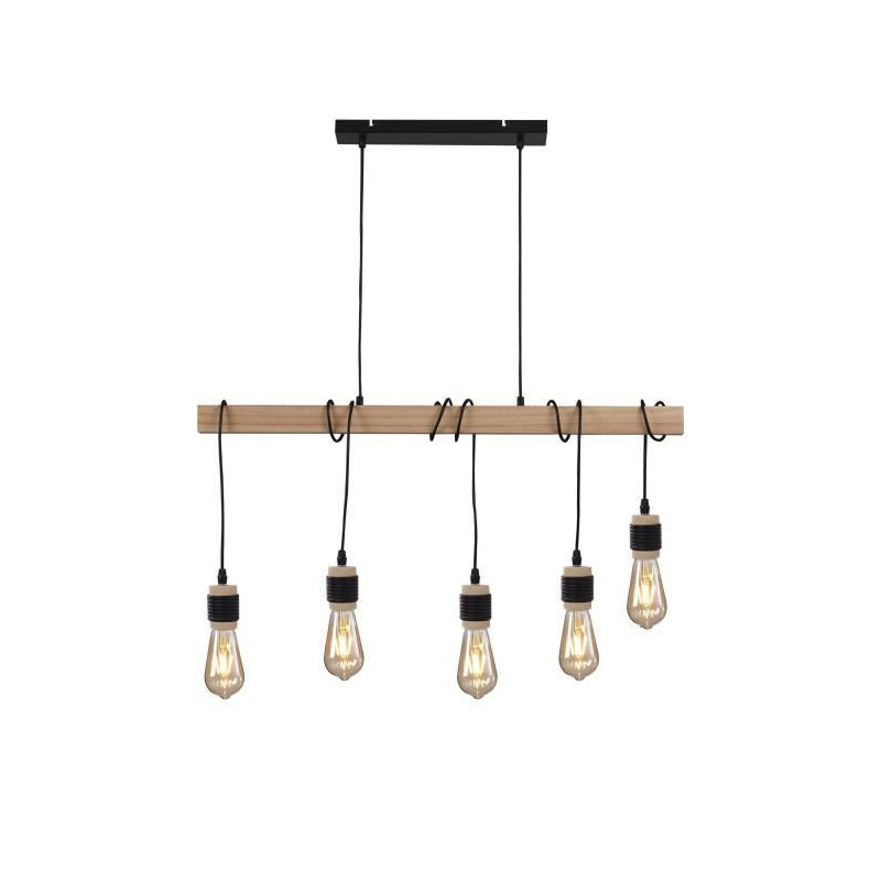 Detroit Suspension Industrielle 5 Tetes En Bois - 7 X 90 X H150 - Noir - Ampoules Décoratives E27 40W Fournies