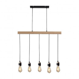 Detroit Suspension Industrielle 5 Tetes En Bois - 7 X 90 X H150 - Noir - Ampoules Décoratives E27 40W Fournies