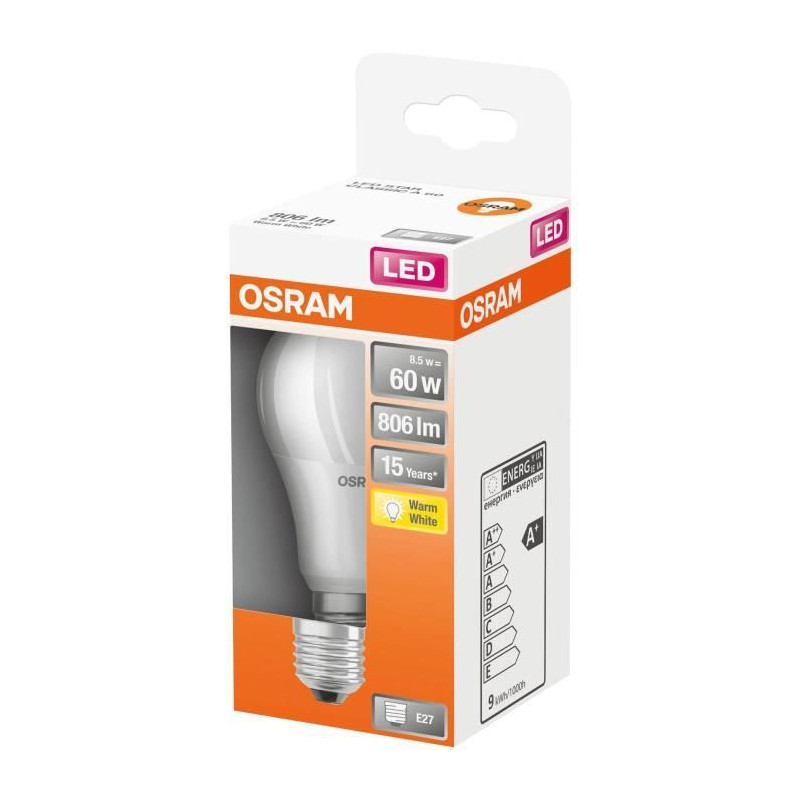Osram Ampoule Led Standard Dépolie Avec Radiateur 8,5W60 E27 Chaud
