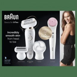 Braun Silk-Épil 9 Coffret Beauté & Spa Epilateur Electrique Femme Blanc/Doré, Brosses Exfoliantes, Éponge Maquillage, 9-100