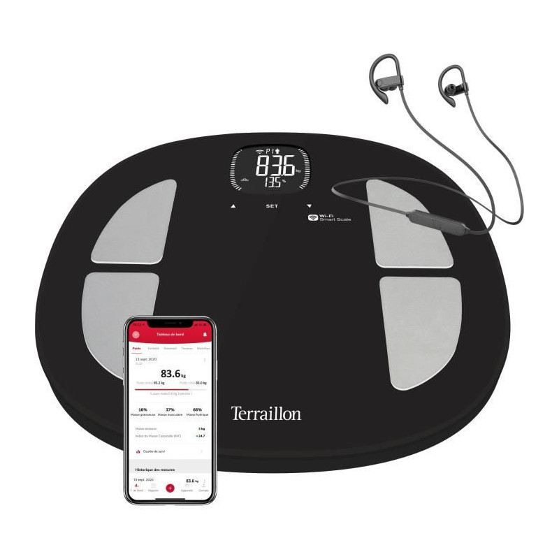 Terraillon - Impédencemetre Connecté Run Et Fit + Ecouteurs Intra-Auriculaires - Wi-Fi, Bluetooth - 32,4X34,2Cm - Noir
