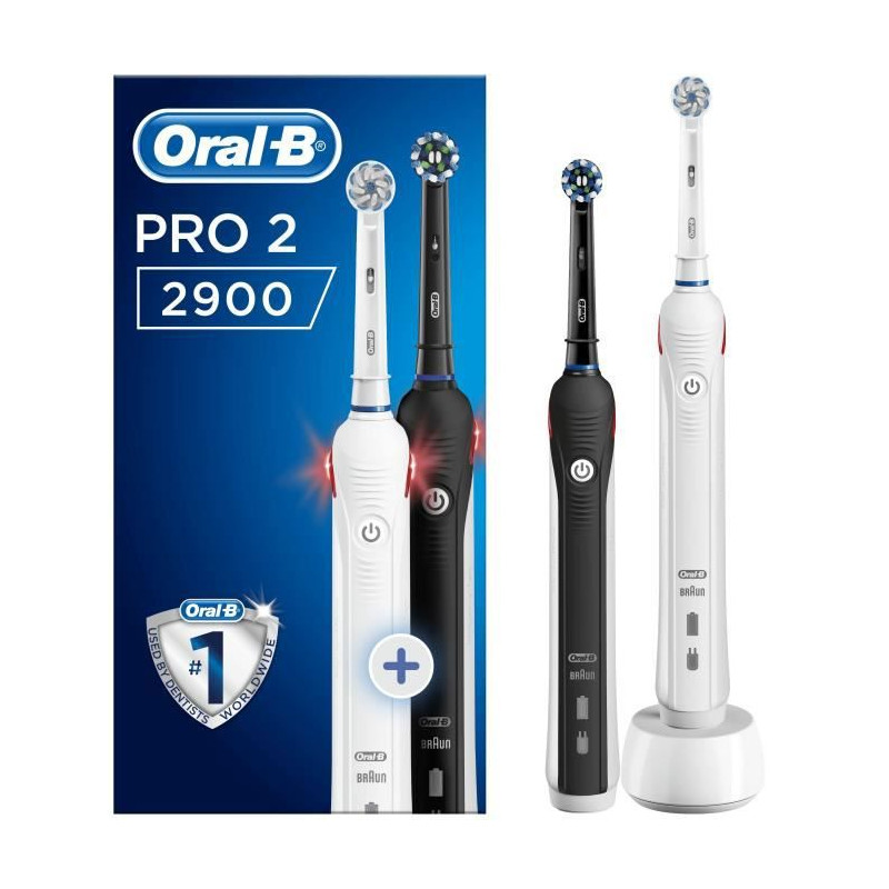 Oral-B Pro 2 2900 Brosse A Dents Électrique Rechargeable Avec 2 Manches Capteur De Pression Et 2 Brossettes, Noir & Blanc