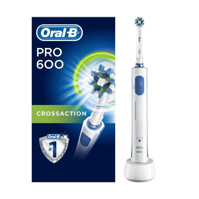 Oral-B Pro 600 Brosse A Dents Électrique Rechargeable, 1 Manche, 1 Brossette Crossaction, Technologie 3D