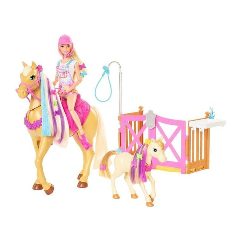 Barbie - Coffret Toilettage Chevaux Avec Poupée Barbie, 2 Chevaux Et + De 20 Accessoires - Accessoire Poupée Mannequin - Des 3 A