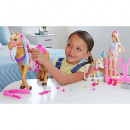 Barbie - Coffret Toilettage Chevaux Avec Poupée Barbie, 2 Chevaux Et + De 20 Accessoires - Accessoire Poupée Mannequin - Des 3 A