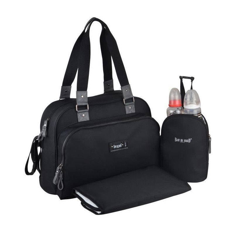 Baby On Board- Sac A Langer - Sac Urban Classic Black - 2 Compartiments A Large Ouverture Zippée - 7 Poches - Sac Repas - Tapis 