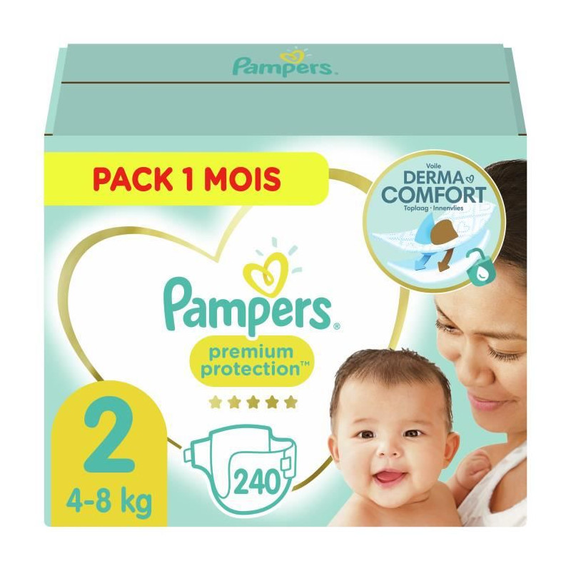 Pampers Premium Protection New Baby Taille 2 - 4 A 8Kg - 240 Couches - Format Pack 1 Mois