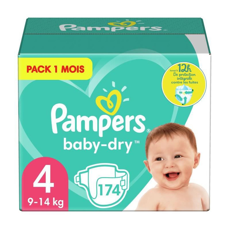 Pampers Baby-Dry Taille 4, 9-14 Kg - 174 Couches - Pack 1 Mois