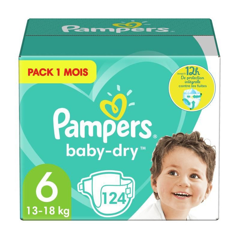 Pampers Baby Dry Taille 6 - Des 15 Kg - 124 Couches - Format Pack 1 Mois