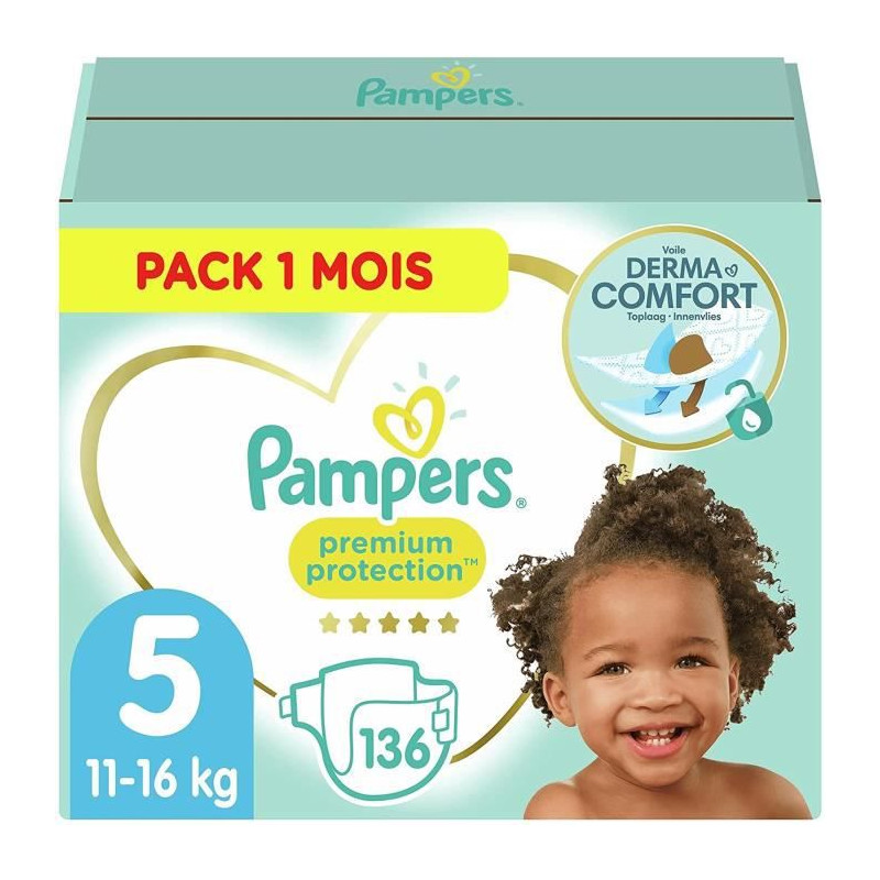 Pampers Premium Protection Taille 5 11-16Kg - 136 Couches, Pack 1 Mois